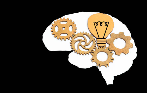 istock Flat Brain Shape with Wooden Gears on Black 1559968409