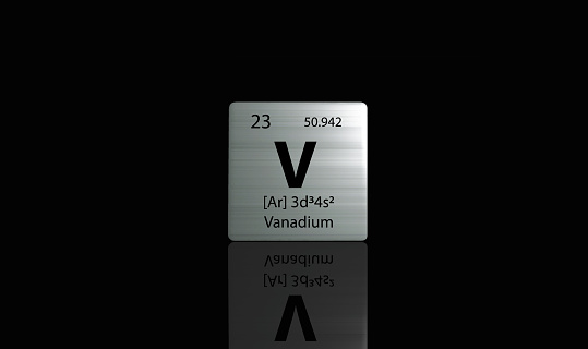 Vanadium element on a metal periodic table on dark background. 3D rendered icon and illustration.
