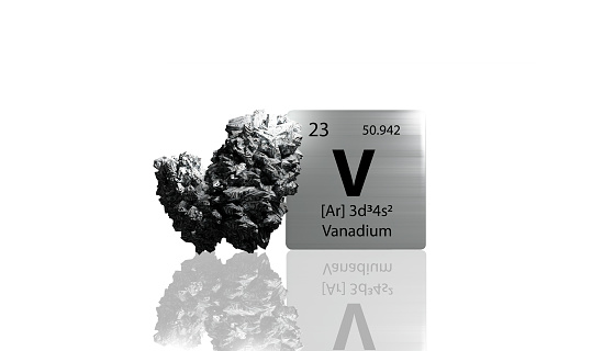 Vanadium element on a metal periodic table with silvery grey metamictic Vanadium on white background. 3D rendered icon and illustration.