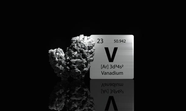 istock Vanadium element on a metal periodic table with silvery grey metamictic Vanadium on dark background. 3D rendered icon and illustration. 1559970416