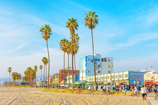 Los Angeles, California - December 29, 2022: Sunny day at Venice Beach - People Cruise along the Sandy Shoreline on Bicycles