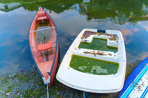 Close-up of a SUP board, kayak and a plastic boat full of green waters moored along the Venice Canal in Los Angeles.
