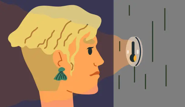 Vector illustration of Worried dissatisfied woman peeps through keyhole, peeping and peeking. Invade in privacy life, spy