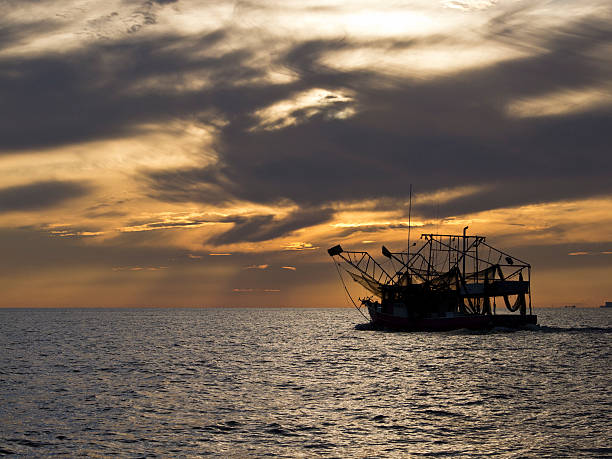 Gulf Coast Shrimping barco en puesta de sol - foto de stock