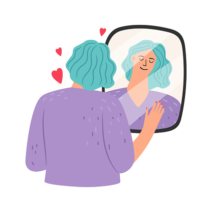Self acceptance concept, love yourself. Happy beautiful woman looking in the mirror. Young woman with healthy self-perception. Self esteem vector illustration of acceptance yourself confident