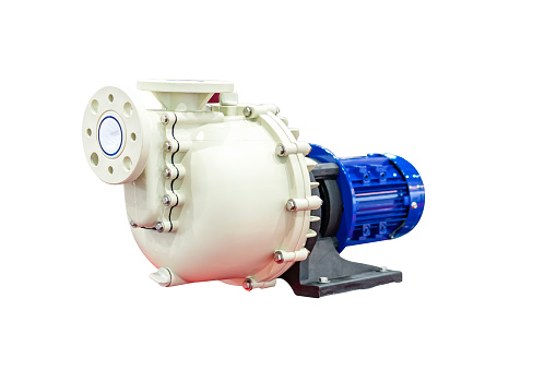 plastic centrifugal pump assembly electric motor for conveying or supply chemical solution or etc. in industrial isolated on white with clipping path