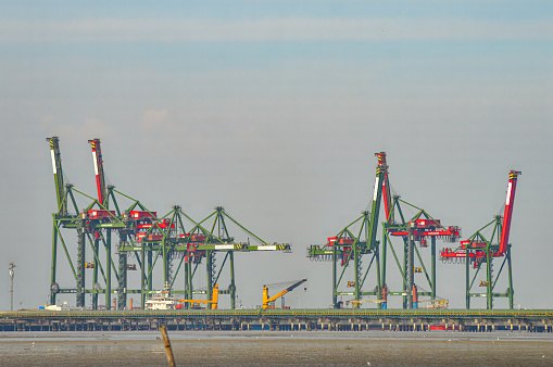 a group of Ship-to-shore gantry cranes at Teluk Lamong harbor, Indonesia, 16 June 2023.