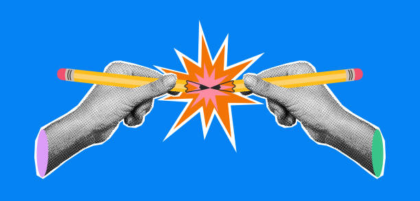 Hands holding pencils halftone collage vector illustration Hands holding pencils with spark halftone collage vector illustration isolated on blue background. Creative idea, team work, education, imagination concept. Poster, banner pencil art cartoons stock illustrations