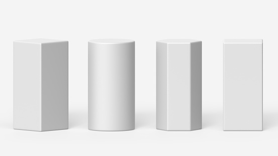 White 3d render pillar podium. Cylinder, square and hexagon column platform set, empty display stage in museum, stand for product presentation. Abstract geometric shape isolated icons. 3D illustration