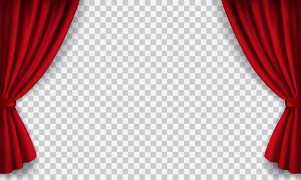 illustrazioni stock, clip art, cartoni animati e icone di tendenza di palcoscenico teatrale realistico vettoriale con tende di velluto rosso aperte - curtain