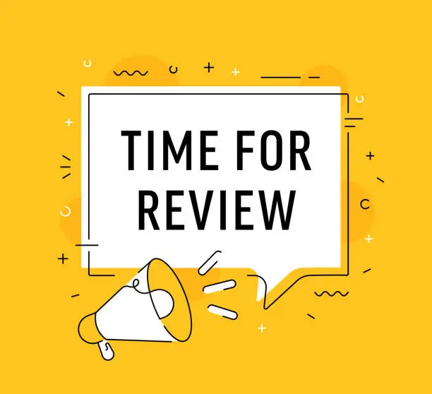 Vector illustration of Time For Review phrase in a speech bubble isolated on a yellow background