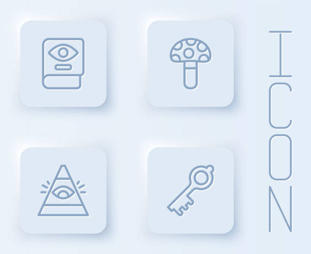 Set line Ancient magic book, Psilocybin mushroom, All-seeing eye of God and Old key. White square button. Vector Set line Ancient magic book Psilocybin mushroom All-seeing eye of God and Old key. White square button. Vector. providence house stock illustrations