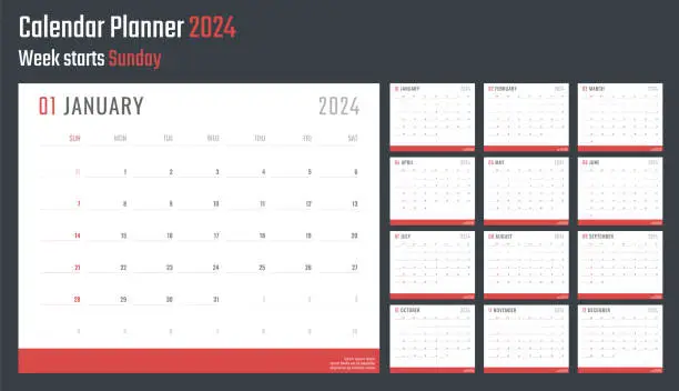 Vector illustration of calendar for 2024 starts sunday, vector calendar design 2024 year