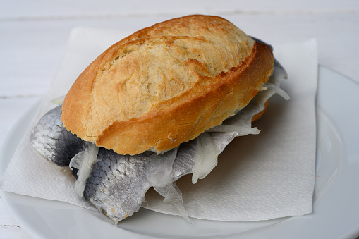 Fischbroetchen with Bismarck Hering, a Pickled Herring Fish Sandwich in a Bun
