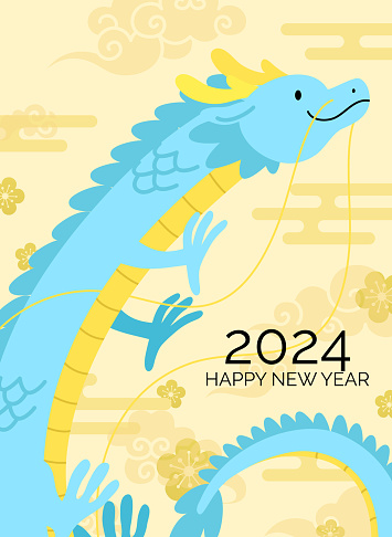 Chinese dragon flying in asian traditional clouds new year card template vector. Wishing a happy lunar new year in Asia, year of the dragon 2024 greetings card.