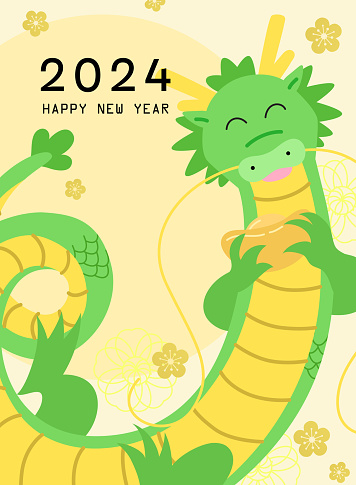 Cute chinese dragon holding a golden sycee ingot (yuanbao) new year card template vector. Wishing wealth and good luck for lunar new year 2024, oriental plum blossoms in background.