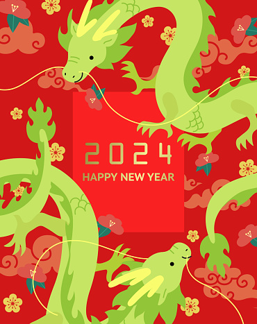 Two chinese dragons new year 2024 card with auspicious clouds and decorative flowers, plum blossoms in background. Year of the dragon vector template card with text frame, dragons framing text space.
