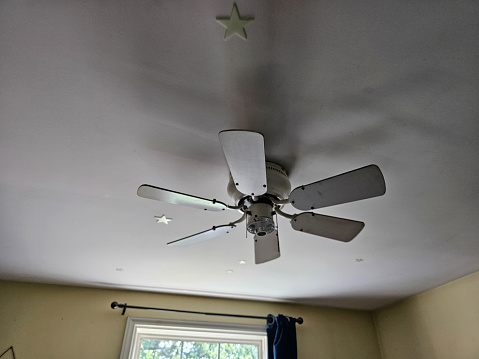 Contemporary ceiling fan and blades with light fixture, upscale home interior decor.
