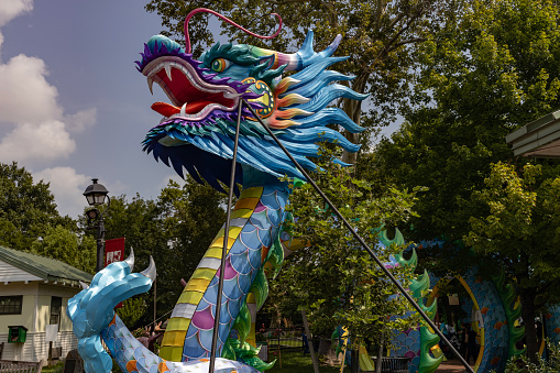 Philadelphia, Pa. USA, July 20, 2023: big silk sculpture dragon at the Chinese Lantern Festival, Franklin Square, Philadelphia, Pa. USA