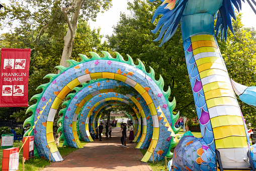 Philadelphia, Pa. USA, July 20, 2023: women exercising at the Chinese Lantern Festival in Franklin Square, Philadelphia, Pa. USA