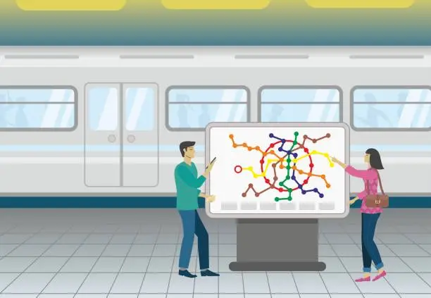 Vector illustration of Man and woman at subway train map. Vector illustration.