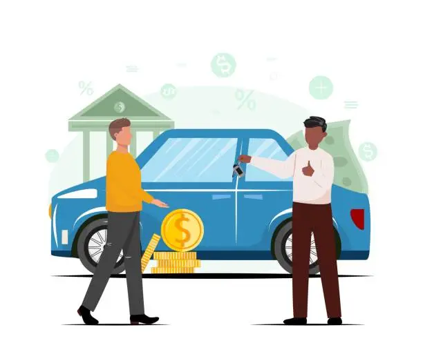 Vector illustration of Illustration of a black seller man hands over the keys to the client. Purchase, sale or rental car. Purchase, selling, credit, vehicle, insurance concept.