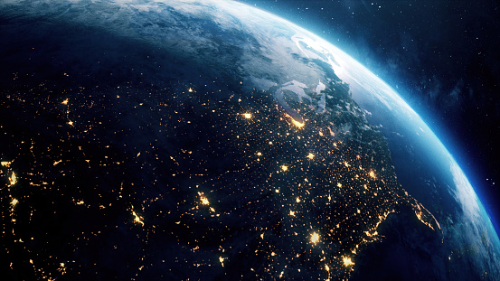 USA seen from space at night. Glowing maps of USA. 3D render. Earth textures are taken from NASA public domain