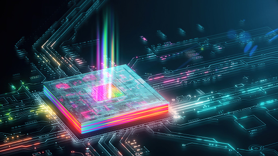 Futuristic CPU processing data and commands. Vibrant WEB3 colours. Future technology background with space for branding. 3D render