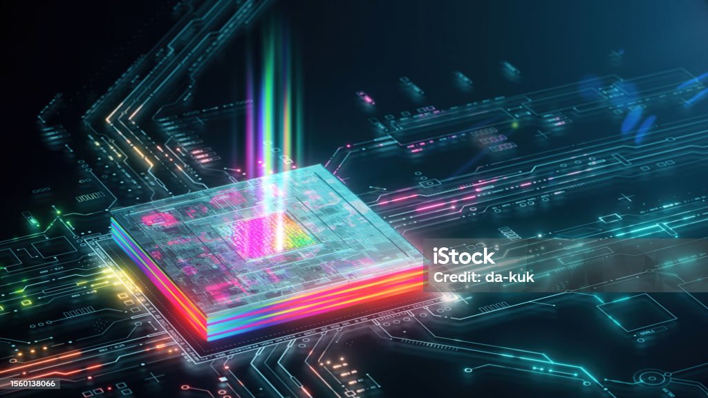 Futuristic CPU processing data and commands. Vibrant WEB3 colours. Future technology background with space for branding. 3D render Computer Chip Stock Photo