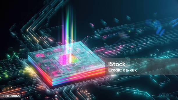 Futuristic Cpu Processing Data And Commands Vibrant Web3 Colours Future Technology Background With Space For Branding 3d Render Stock Photo - Download Image Now