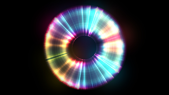 Abstract circular light trail dynamic shape on black background. 3D render