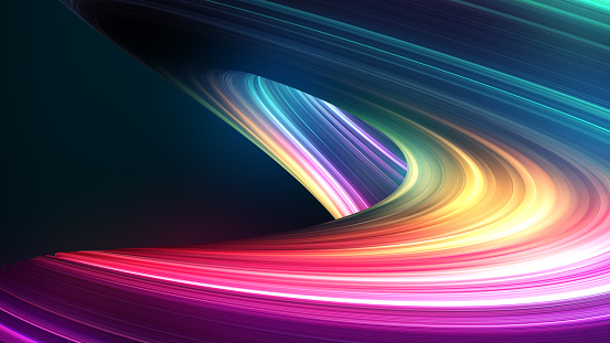 Abstract twisted light trail dynamic shape on black background. 3D render