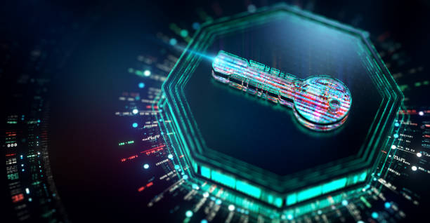 istock Digital key authentication. Modern technology background with futuristic key icon holographic code. CGI 3D render. 1560145582