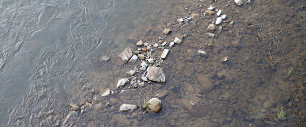 русло реки покрыто мелкими камнями и галькой. вода неглубокая и прозрачная, и сквозь воду видны скалы. - pattern blue sea sand стоковые фото и изображения