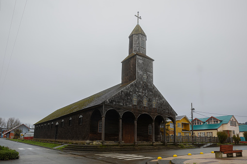 Traditional antique wood church in the archipelago of Chiloe at the Chilean Lake District, Achao Town, Chile