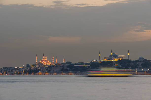 Panorama of the Bosphorus strait in Istanbul, Turkey. Twilight.