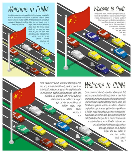 Vector illustration of Isometric flag of China on flagpole fluttering in wind. Crossing of Chinese country border by car travels. Set of information horizontal, square and vertical vector banner, templates for printing