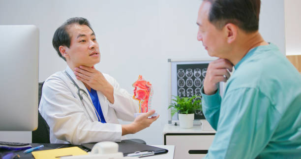 male doctor show ENT model oral throat cancer concept - asian senior male doctor is showing ENT model and explaining to elderly man patient in hospital esophagus stock pictures, royalty-free photos & images