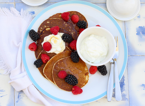 Homemade protein pancakes with skyr yogurt and berries
