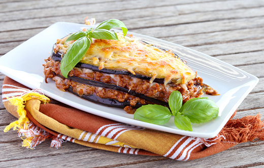 Aubergine Parmigiana – eggplant and mince meat and cheese layered dish