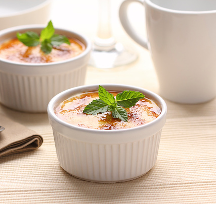 Creme brulee or Catalan cream: traditional dessert of vanilla cream with caramelized sugar on top.