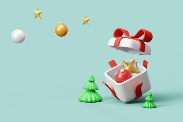 istock Gift box with christmas ornaments on light blue background. 1560230501