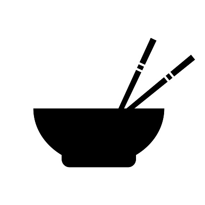 Asian food icon, bowl with chopsticks on white background