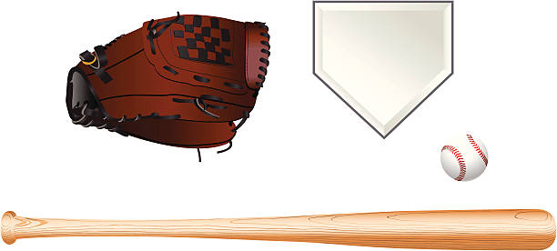 Color illustration of baseball equipment on white background 100% vector artwork of baseball equipment. A baseball bat, a baseball glove, a baseball, and a home plate. home plate stock illustrations