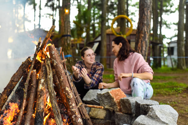 istock Mother with her daughter spending time together, kindle a fire and throw sticks 1560271450