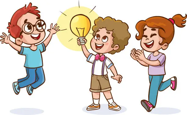 Vector illustration of kids with brilliant ideas .happy cute little kid girl with idea lamp sign.
