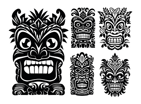 Hawaiian tiki god head set. Tribal totem mask black silhouette vector illustration.