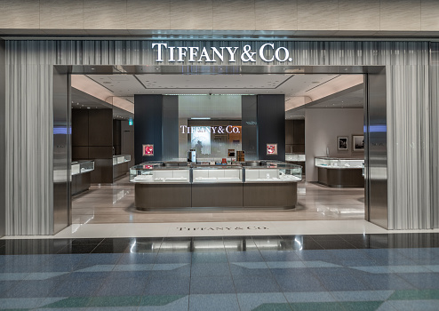 Tokyo, Japan - February 6, 2019: Tokyo International Haneda Airport. Departure Area with Duty Free Shop. Tiffany and Co