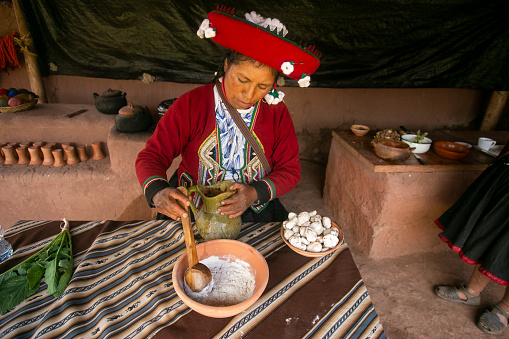 Maras, Peru; 1st October 2022: Celebrating Pachamanca feast with a Quechua tribe in the Sacred Valley, Peru.