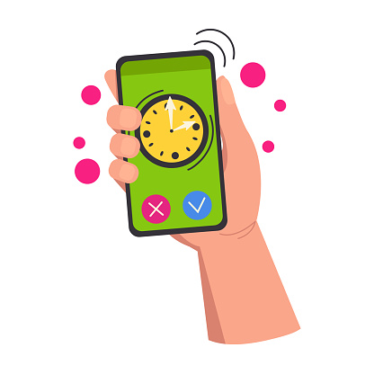 Illustration of a hand holding a phone with a clock and a ringing alarm clock. Vector graphic.